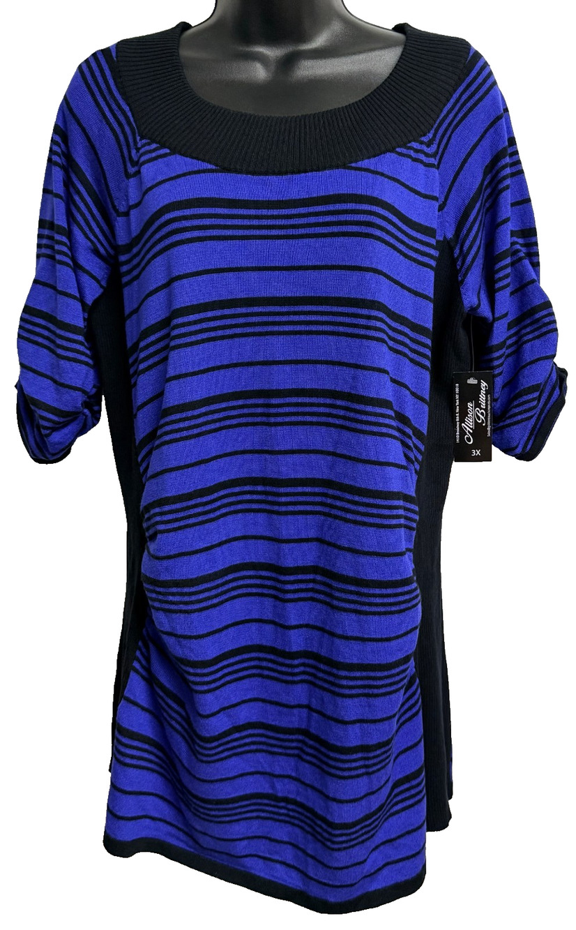 Allison Brittney Tunic Sweater Women's 3X Blue Black Striped Ruched Sleeve NEW